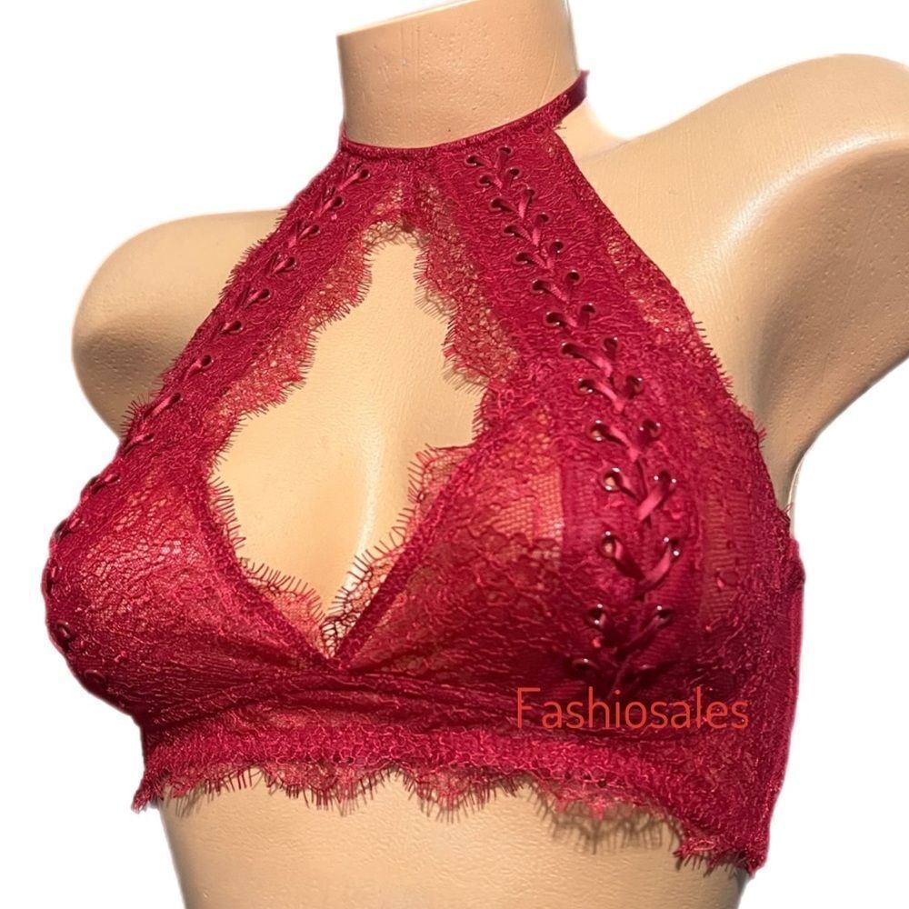 Victoria’s Secret lace up high Neck Sexy Unlined Bralette Bra Red - Picture 3 of 4
